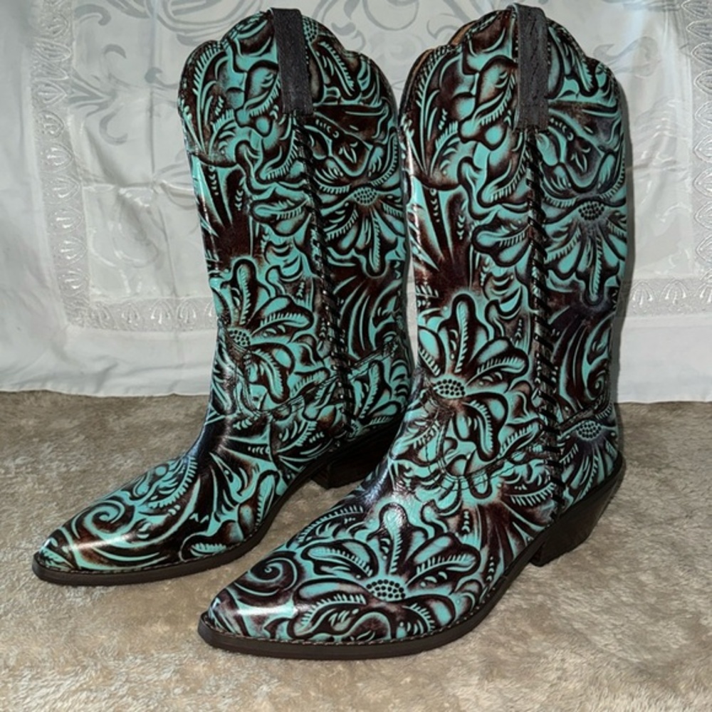 Patricia Nash Tuscan Tooled‎ Leather Western Boots - Bergamo Turquoise